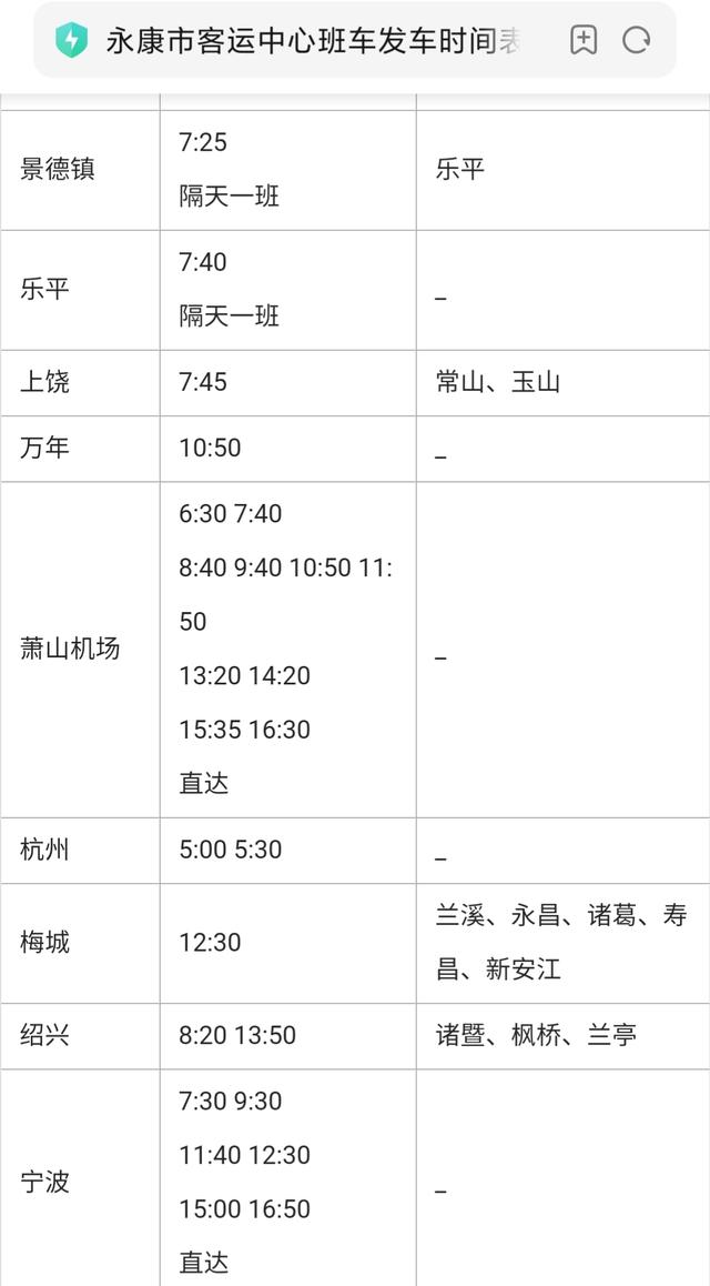 永康客运中心最新汽车时刻表